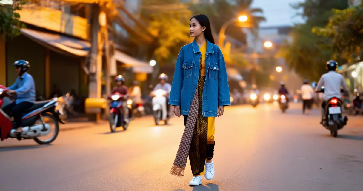 យុវនារីខ្មែរស្លៀកអាវធំពាក់ជាមួយសំពត់ចងក្បិន និងក្រមានៅភ្នំពេញ
