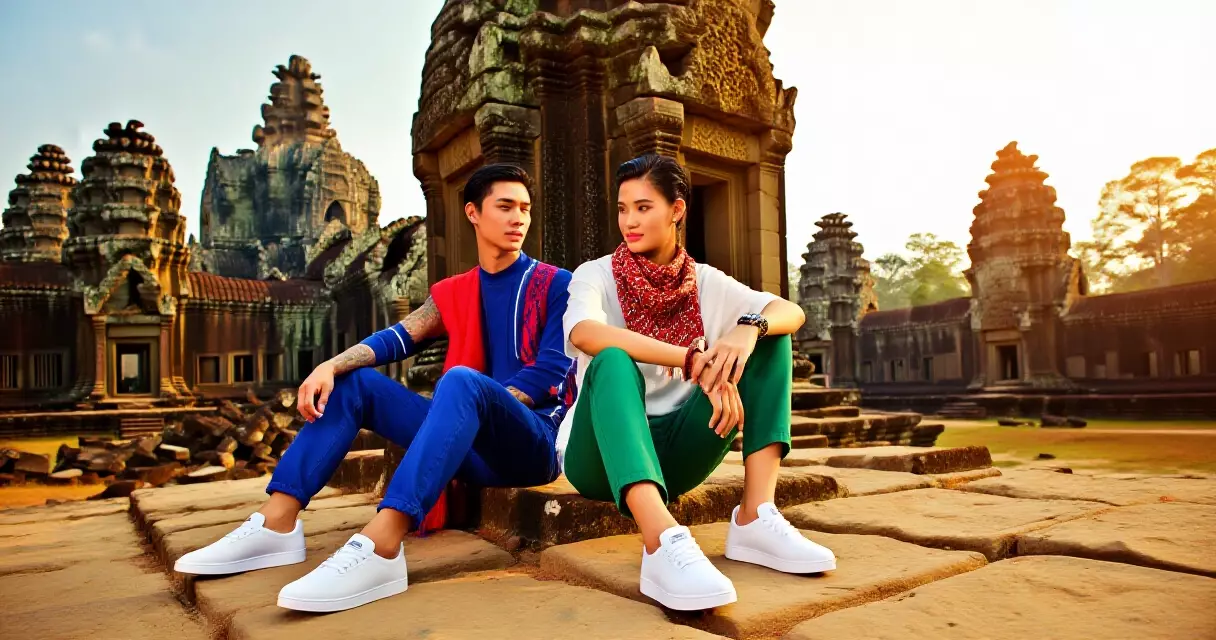 យុវវ័យខ្មែរស្លៀកពាក់ sneaker ស្ទីល streetwear នៅជិតប្រាសាទ