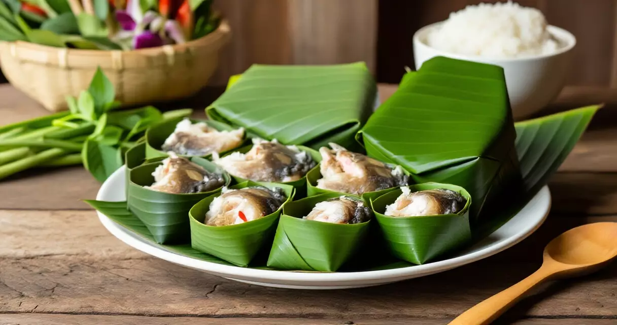 អាម៉ុកត្រីខ្មែរបុរាណក្នុងស្លឹកចេក ជាមួយបាយ និងគ្រឿងស្រស់