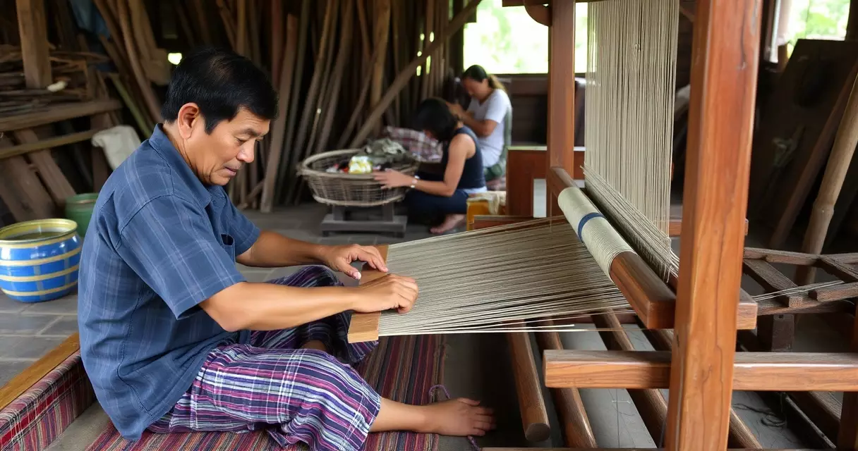 សិប្បករកំពុងត្បាញក្រាម៉ាការ៉េនៅលើកី្តម្បាញឈើ