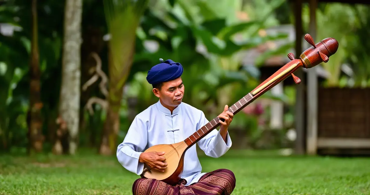 អ្នកតន្ត្រីខ្មែរកំពុងប្រគំឆ្ពៅដាងវែងនៅក្រៅផ្ទះ