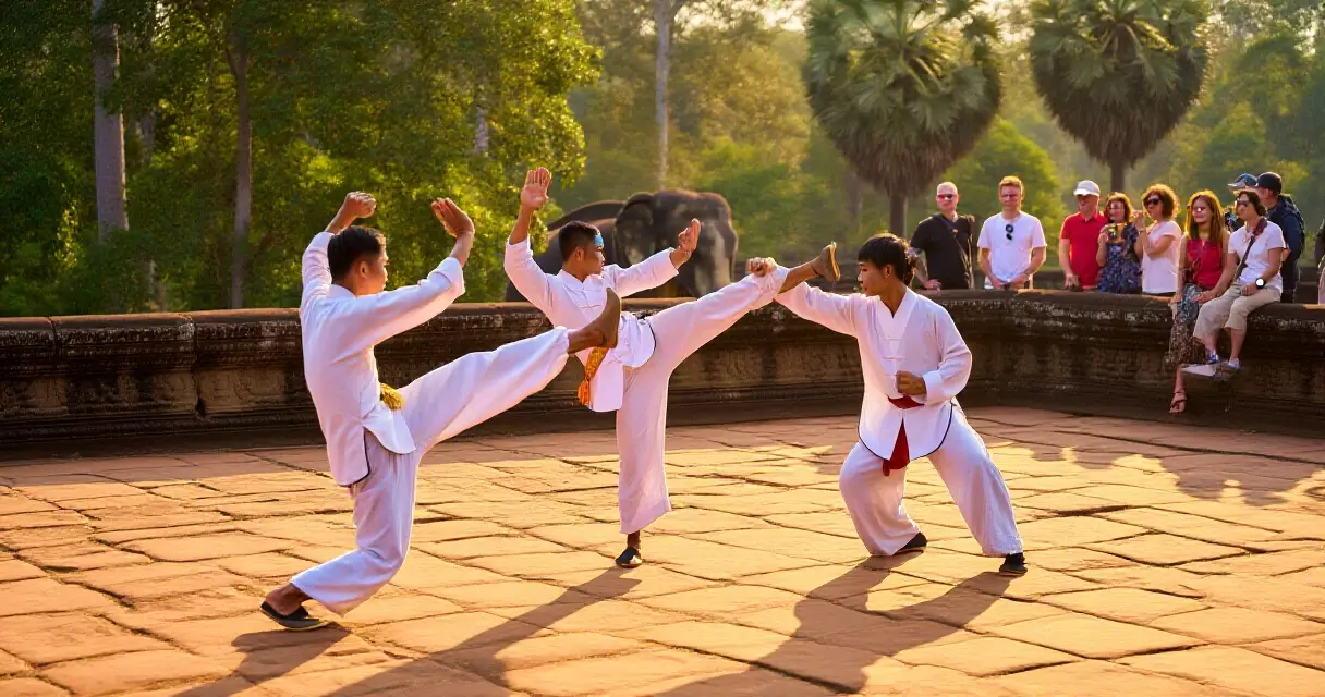 សិល្បករ bokator បង្ហាញក្បាច់គុនល្បុក្កតោលើព្រះលានដំរីនៅអង្គរ សៀមរាប