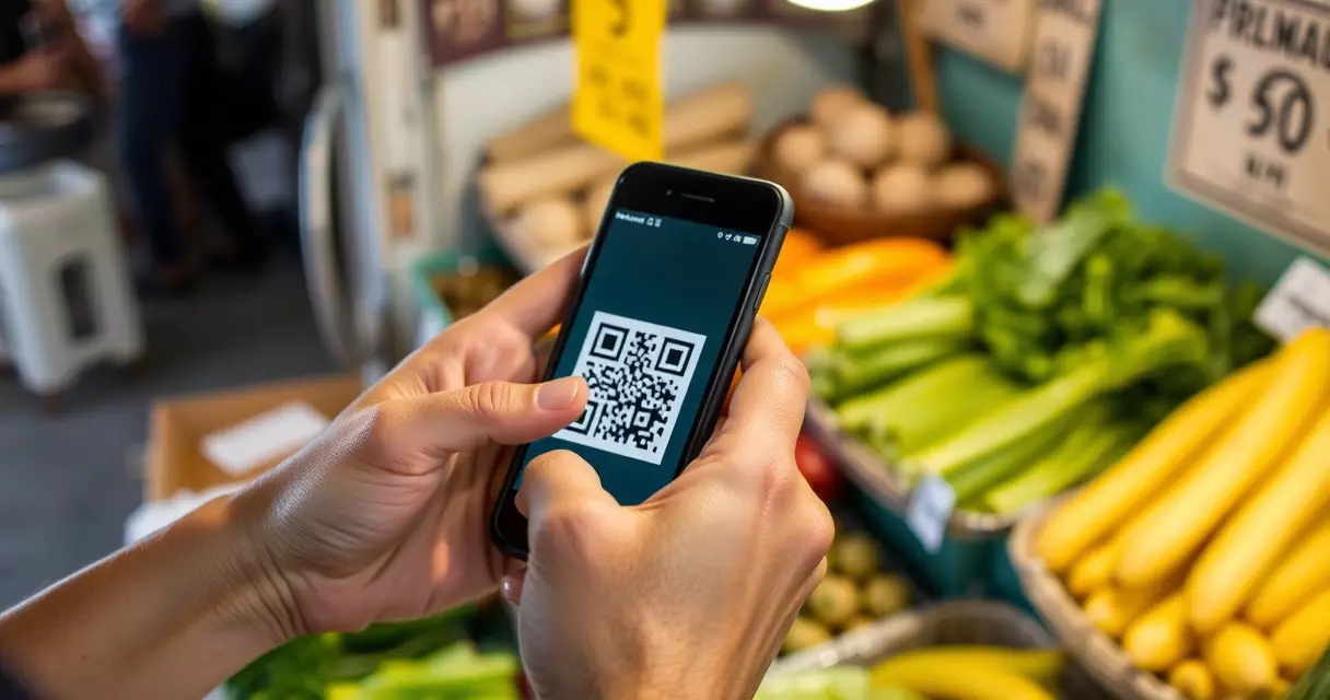 ដៃកាន់ទូរស័ព្ទស្កេនកូដ QR ដើម្បីទូទាត់ប្រាក់នៅតូបលក់ដូរក្នុងផ្សារ