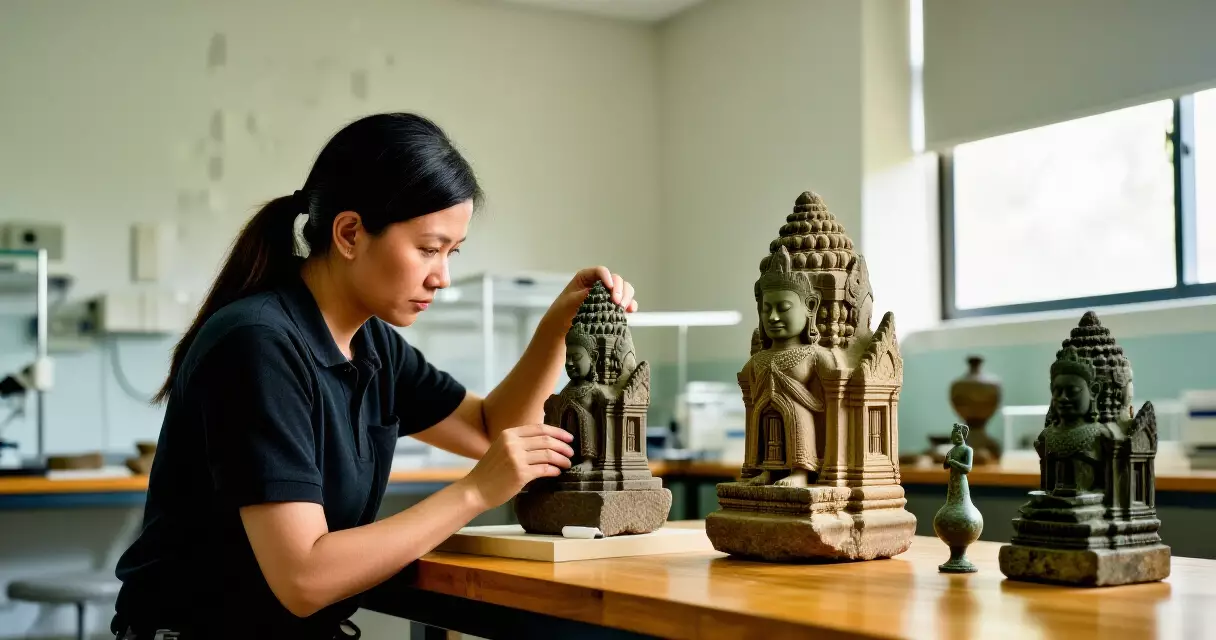អ្នកជំនាញពិនិត្យបុរាណវត្ថុខ្មែរក្នុងមន្ទីរការពារបេតិកភណ្ឌ