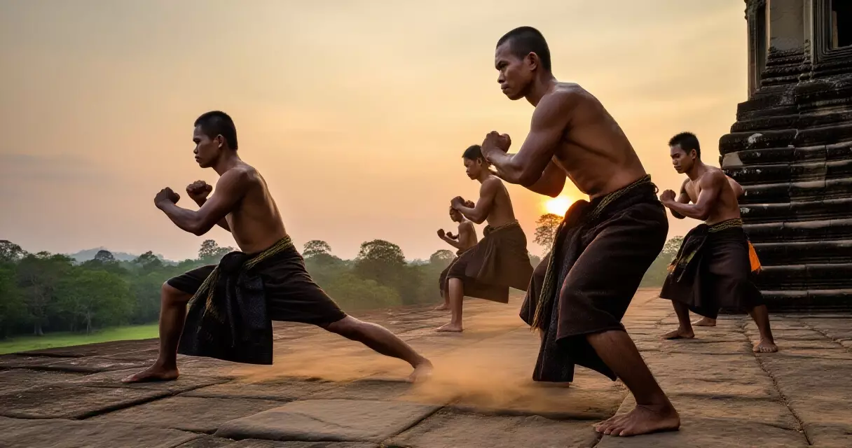 អ្នកសម្តែងក្បាច់គុនល្បុក្កតោនៅលើជណ្តើរប្រាសាទបុរាណពេលព្រលប់