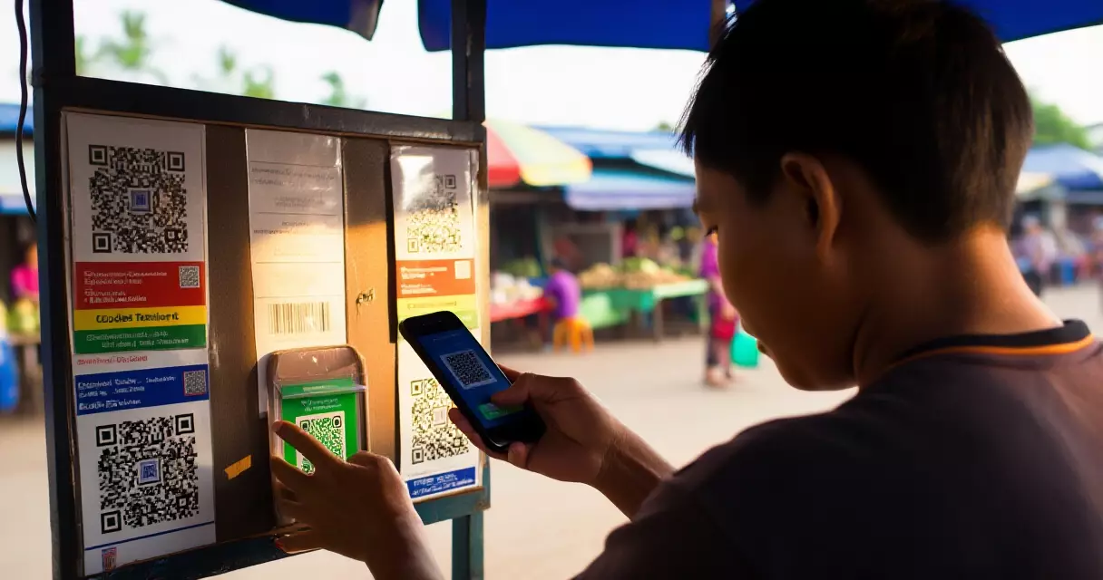 អ្នកប្រើស្កេនលេខកូដ QR ដើម្បីទូទាត់ប្រាក់នៅផ្សារតូចមួយក្នុងកម្ពុជា