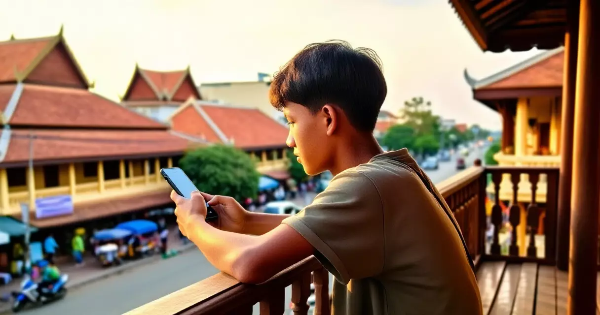 យុវជនខ្មែរអង្គុយលើយ័រផ្ទះឈើមើលទូរសព្ទដៃនៅភ្នំពេញពេលថ្ងៃរសៀល