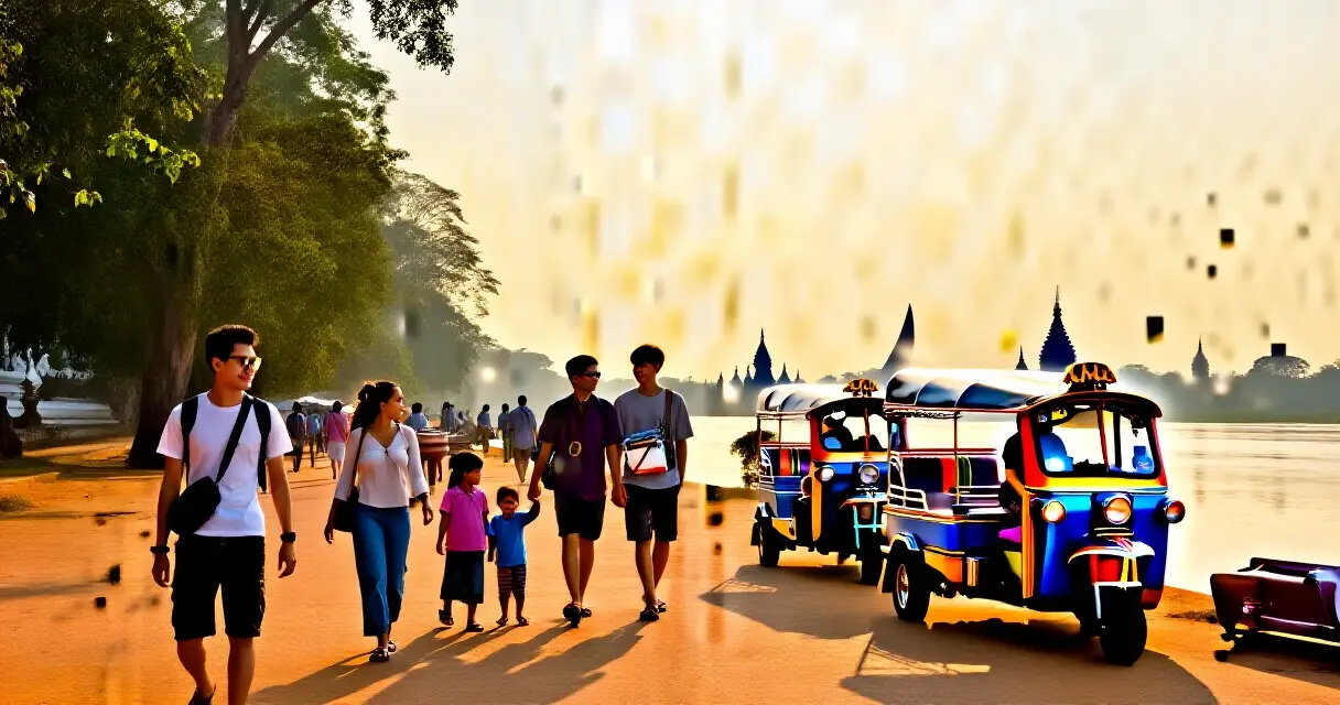 ទេសចរក្នុងស្រុកដើរកំសាន្តតាមមាត់ទន្លេសៀមរាបពេលថ្ងៃលិច